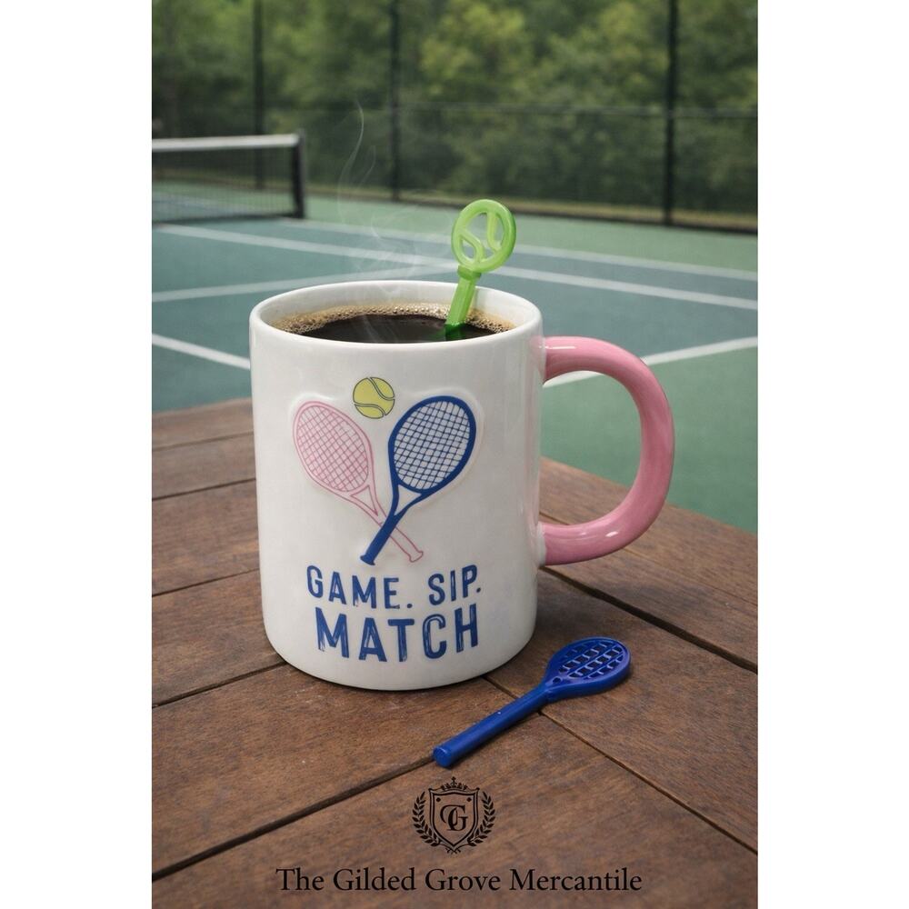 Mud Pie Tennis Mug Set Game Sip Match Coffee Cup w/ 2 Racket Stirrers Gift